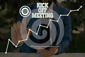 Conceptual hand writing showing Kick Off Meeting. Business photo text getting fired from your team private talking about