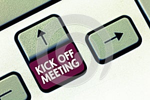 Conceptual hand writing showing Kick Off Meeting. Business photo text getting fired from your team private talking about company