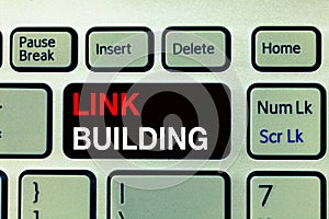 Conceptual hand writing showing Link Building. Business photo text SEO Term Exchange Links Acquire Hyperlinks Indexed