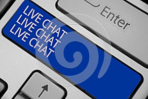 Conceptual hand writing showing Live Chat Live Chat Live Chat. Business photo text talking with people friends relatives online Ke