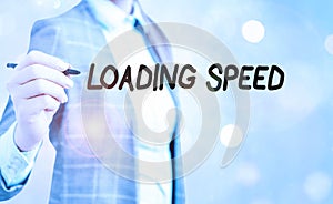 Conceptual hand writing showing Loading Speed. Business photo showcasing time takes to download and display the content of a web