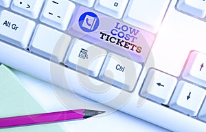 Conceptual hand writing showing Low Cost Tickets. Business photo showcasing small paper bought to provide access to