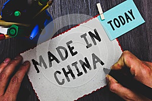 Conceptual hand writing showing Made In China. Business photo text Wholesale Industry Marketplace Global Trade Asian Commerce Man