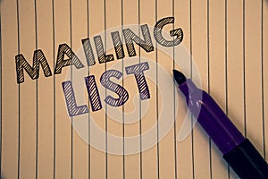 Conceptual hand writing showing Mailing List. Business photos showcasing Names and addresses of people you are going to send somet