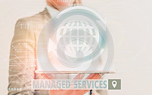 Conceptual hand writing showing Managed Services. Business photo text company that remotely analysisages customer s is