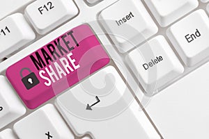 Conceptual hand writing showing Market Share. Business photo showcasing The portion of a market controlled by a