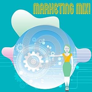 Conceptual hand writing showing Marketing Mix. Business photo text Actions to promote brand product in market Woman