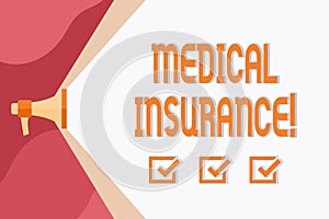 Conceptual hand writing showing Medical Insurance. Business photo showcasing reimburse the insured for expenses incurred photo
