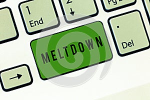 Conceptual hand writing showing Meltdown. Business photo showcasing disastrous collapse or breakdown accident in nuclear