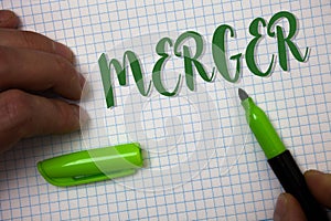Conceptual hand writing showing Merger. Business photo text Combination of two things or companies Fusion Coalition Unification Bo