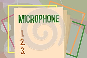 Conceptual hand writing showing Microphone. Business photo text Instrument for converting sound waves to be transmitted