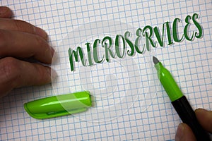 Conceptual hand writing showing Microservices. Business photo text Software development technique Decomposing an application Box b