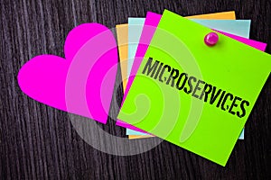 Conceptual hand writing showing Microservices. Business photo text Software development technique Decomposing an application Pinne