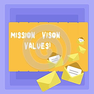 Conceptual hand writing showing Mission Vison Values. Business photo showcasing planning for future improvement Career