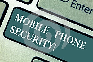 Conceptual hand writing showing Mobile Phone Security. Business photo showcasing secure data on mobile devices Wireless