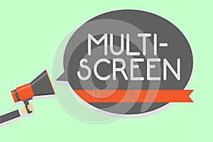 Conceptual hand writing showing Multi Screen. Business photo showcasing Having or involving several screen especially in a cinema