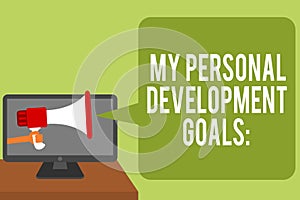 Conceptual hand writing showing My Personal Development Goals. Business photo text Desires Wishes Career Business planning Man hol