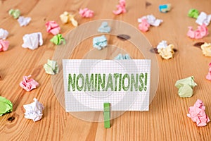 Conceptual hand writing showing Nominations. Business photo showcasing action of nominating or state being nominated for