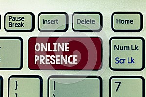 Conceptual hand writing showing Online Presence. Business photo showcasing existence of someone that can be found via an online se