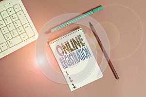 Conceptual hand writing showing Online Registration. Business photo showcasing System for subscribing or registering via