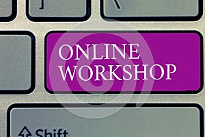 Conceptual hand writing showing Online Workshop. Business photo text shows of goods and commodities over the electronic