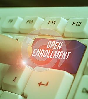 Conceptual hand writing showing Open Enrollment. Business photo showcasing policy of allowing qualifying students to enroll in