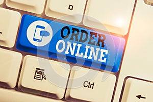 Conceptual hand writing showing Order Online. Business photo text Buying goods and services from the sellers over the