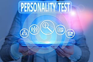 Conceptual hand writing showing Personality Test. Business photo showcasing A method of assessing huanalysis demonstratingality