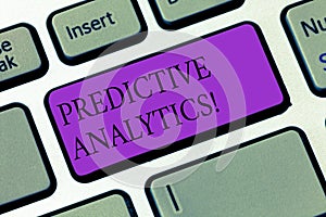 Conceptual hand writing showing Predictive Analytics. Business photo showcasing Method to forecast Perforanalysisce