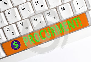 Conceptual hand writing showing Procurment. Business photo text action of acquiring military equipment and supplies