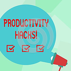 Conceptual hand writing showing Productivity Hacks. Business photo text Hacking Solution Method Tips Efficiency Productivity Round