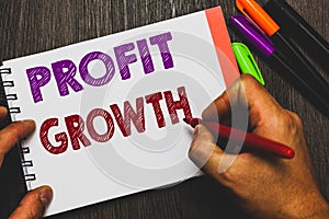 Conceptual hand writing showing Profit Growth. Business photo text Objectives Interrelation of Overall Sales Market Shares Man hol