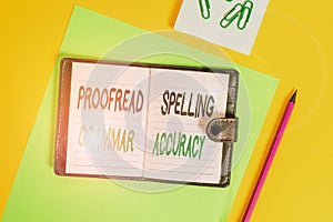 Conceptual hand writing showing Proofread Spelling Grammar Accuracy. Business photo showcasing Grammatically correct