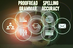 Conceptual hand writing showing Proofread Spelling Grammar Accuracy. Business photo showcasing Grammatically correct photo