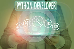 Conceptual hand writing showing Python Developer. Business photo showcasing responsible for writing serverside web