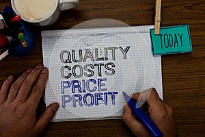 Conceptual hand writing showing Quality Costs Price Profit. Business photo showcasing Balance between wothiness earnings value Han