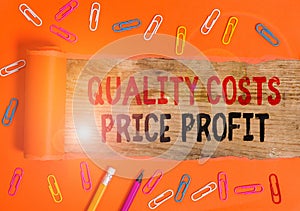 Conceptual hand writing showing Quality Costs Price Profit. Business photo text Balance between wothiness earnings value