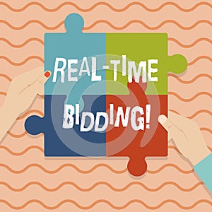 Conceptual hand writing showing Real Time Bidding. Business photo showcasing Buy and sell advertising inventory by instant