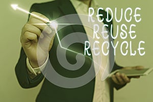 Conceptual hand writing showing Reduce Reuse Recycle. Business photo showcasing environmentallyresponsible consumer