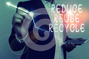 Conceptual hand writing showing Reduce Reuse Recycle. Business photo showcasing environmentallyresponsible consumer