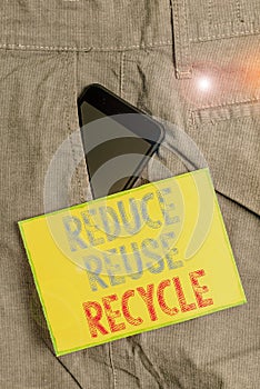 Conceptual hand writing showing Reduce Reuse Recycle. Business photo showcasing environmentallyresponsible consumer