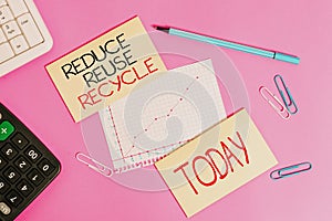 Conceptual hand writing showing Reduce Reuse Recycle. Business photo text environmentallyresponsible consumer behavior