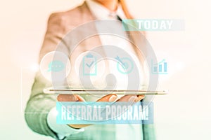 Conceptual hand writing showing Referral Program. Business photo text internal recruitment method employed by