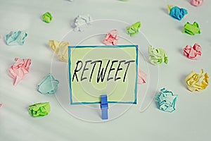 Conceptual hand writing showing Retweet. Business photo showcasing in twitter repost or forward a message posted by another user