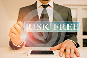 Conceptual hand writing showing Risk Free. Business photo text used to describe something that does not involve any