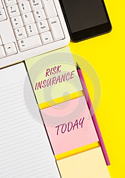 Conceptual hand writing showing Risk Insurance. Business photo text The possibility of Loss Damage against the liability
