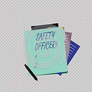 Conceptual hand writing showing Safety Officer. Business photo showcasing a demonstrating responsible for ensuring