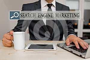 Conceptual hand writing showing Search Engine Marketing. Business photo text promote Website visibility on searched