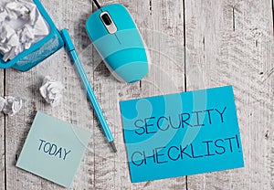 Conceptual hand writing showing Security Checklist. Business photo showcasing Protection of Data and System Guide on