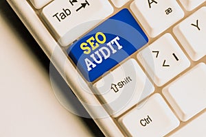 Conceptual hand writing showing Seo Audit. Business photo showcasing Search Engine Optimization validating and verifying